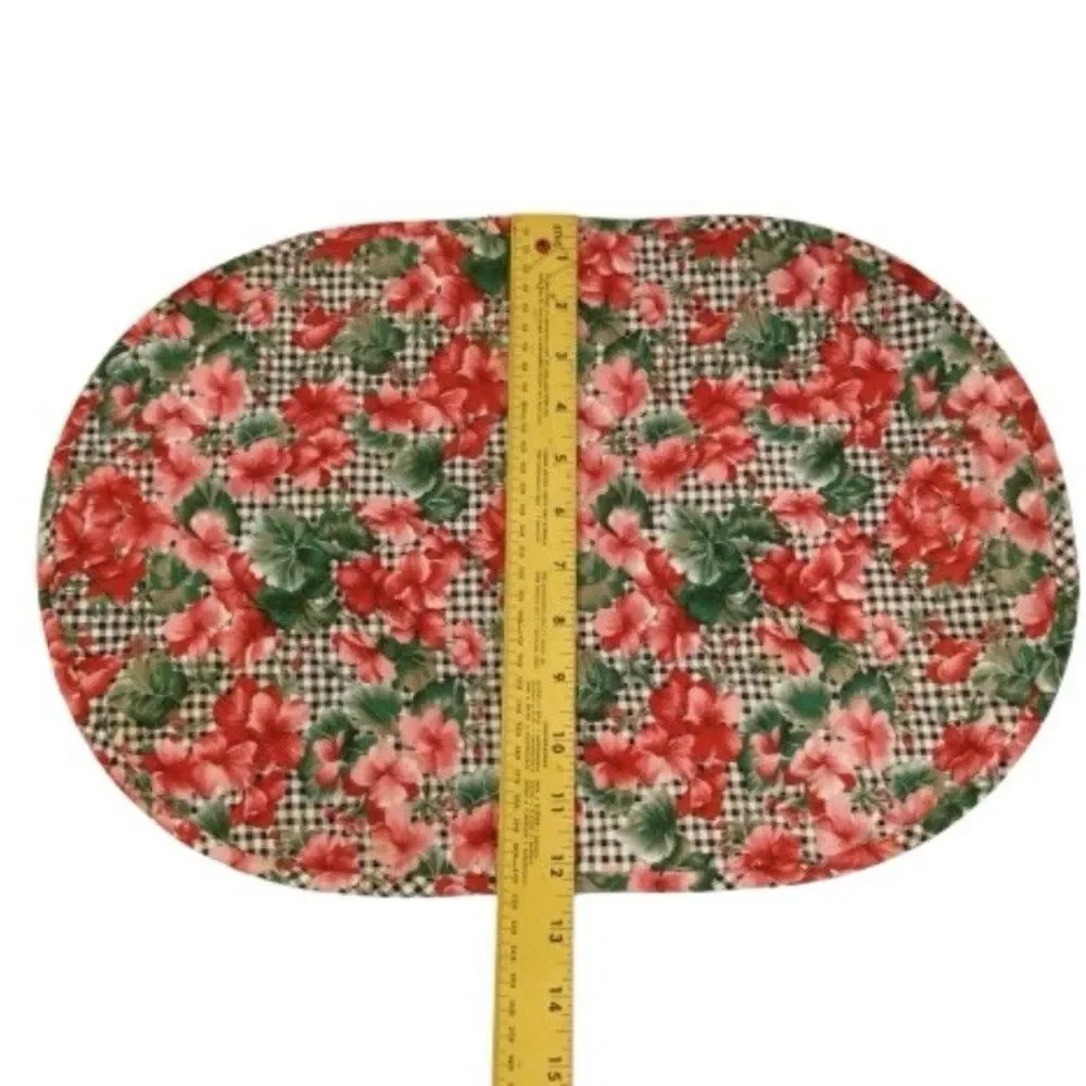 Set of 6 Vintage Floral Quilted Placemats Gingham Check Hibiscus Red Pink Oval